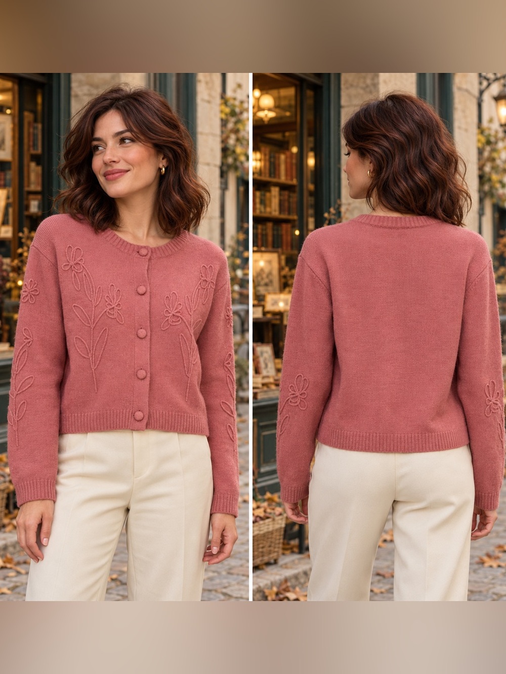 CeCe Rose Pink Floral Embroidered Cardigan M Button Front Coquette Sweater